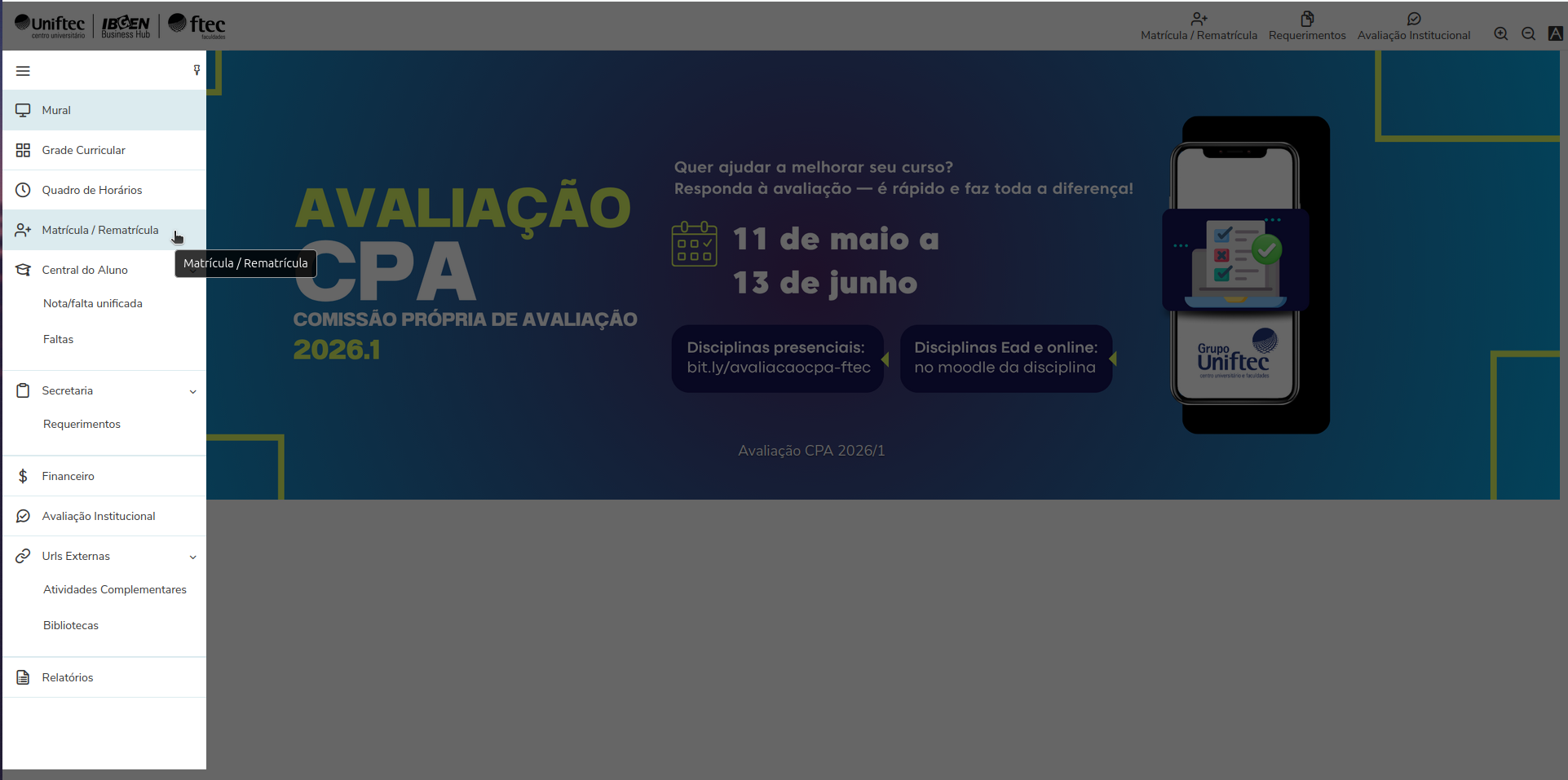 Menu Rematrícula