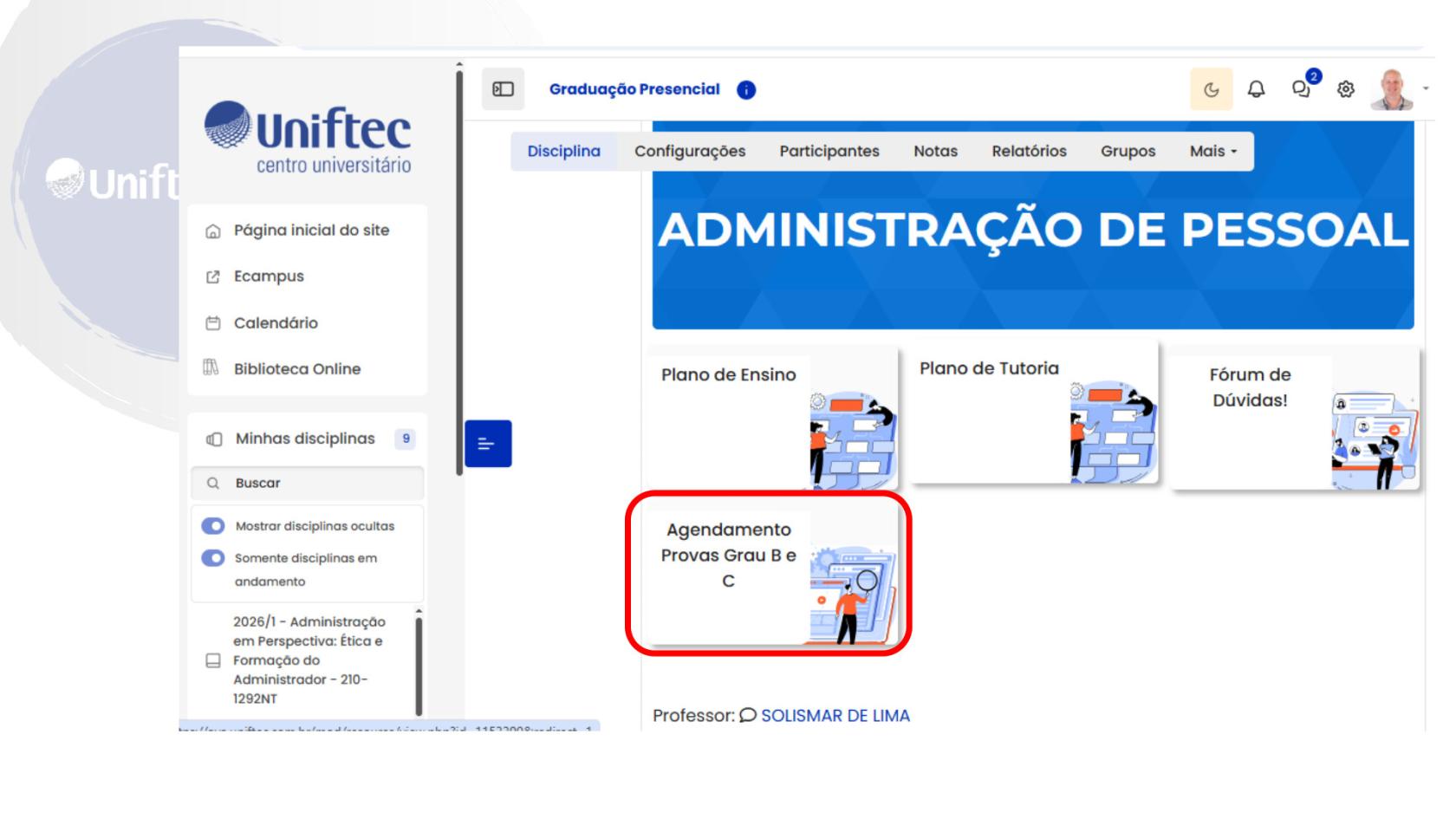 Card de agendamento na disciplina