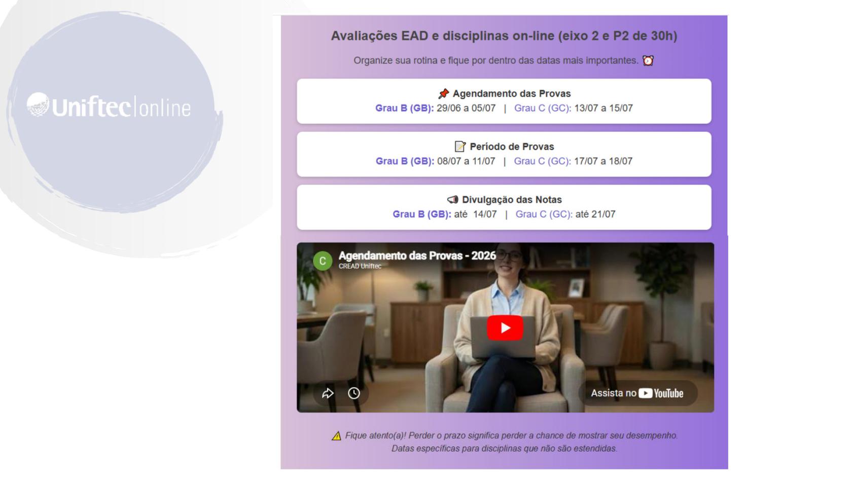 Datas importantes das avaliações